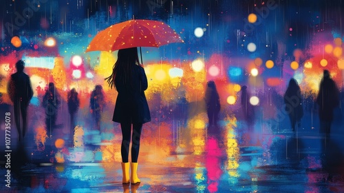 At night, a girl holding an umbrella stood on the street, leaning back to us, surrounded by blurry people, city lights, bright colors, and soft lighting, creating a vivid urban atmosphere