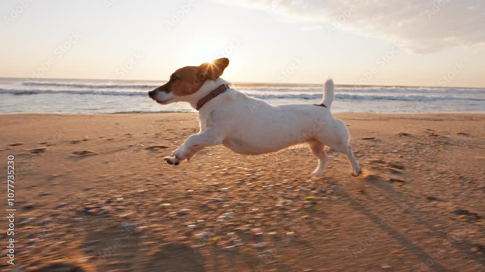 Dog running on beach on sand splashing water, rejoices against blue sky at dawn summer. Lifestyle. Travel. Pet care. Freedom concept. Active dog Jack Russel Terrier walking slow motion Dog running on beach on sand splashing water, rejoices against blue sky at dawn summer. Lifestyle. Travel. Pet care. Freedom concept. Active dog Jack Russel Terrier walking slow motion
