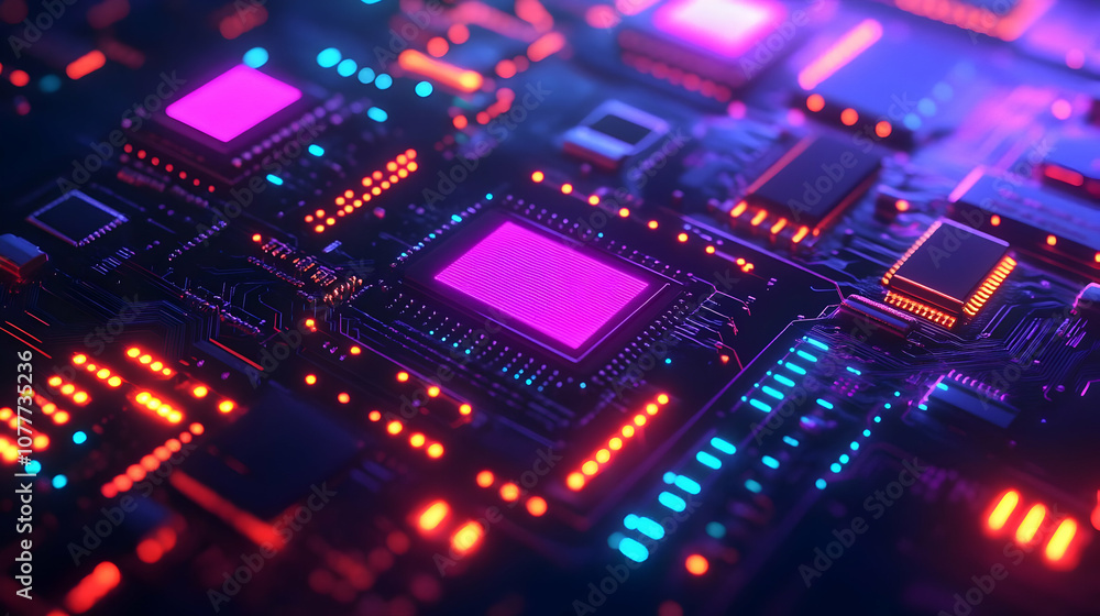 Abstract 3D Illustration of a Circuit Board with Neon Lights Abstract 3D Illustration of a Circuit Board with Neon Lights