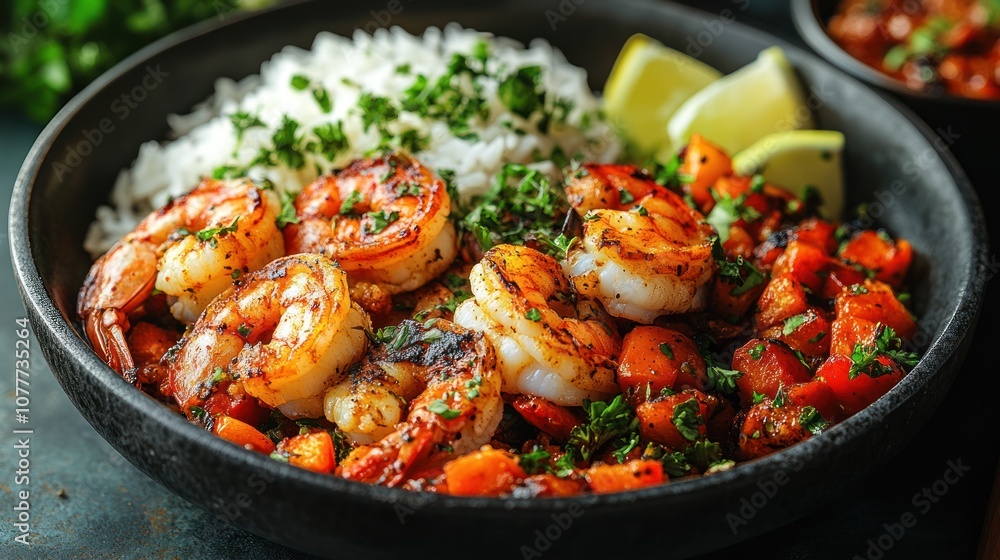Grilled shrimp with rice and vegetables in a black bowl. Grilled shrimp with rice and vegetables in a black bowl.