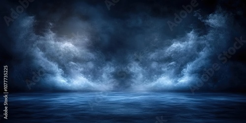 dark blue room background with smoke and floor, Dark empty scene, blue neon searchlight light, smoke, night view, rays.