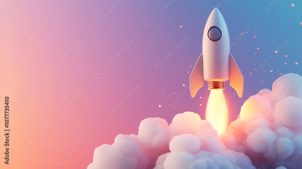 A white rocket with a glowing engine blasts off from a cloud of smoke, leaving a trail of glowing particles behind it against a pink and blue gradient background. A white rocket with a glowing engine blasts off from a cloud of smoke, leaving a trail of glowing particles behind it against a pink and blue gradient background.