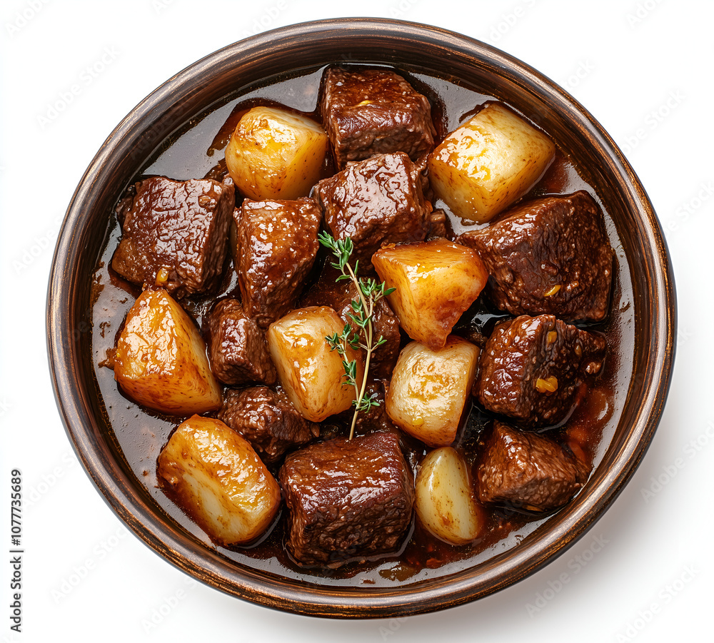 bowl of braised beef with large meat cubes and big white potatoes, top-down view, on a pure white background bowl of braised beef with large meat cubes and big white potatoes, top-down view, on a pure white background