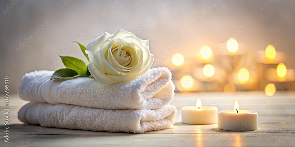Soft white rose resting on a stack of plush towels, illuminated by the warm glow of flickering candles Soft white rose resting on a stack of plush towels, illuminated by the warm glow of flickering candles