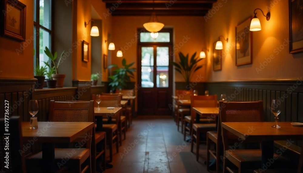 Blurred image of a dimly lit restaurant or cafe interior with tables and chairs, creating a cozy and intimate atmosphere, welcoming atmosphere, stylish dining ambiance, created with generative ai Blurred image of a dimly lit restaurant or cafe interior with tables and chairs, creating a cozy and intimate atmosphere, welcoming atmosphere, stylish dining ambiance, created with generative ai
