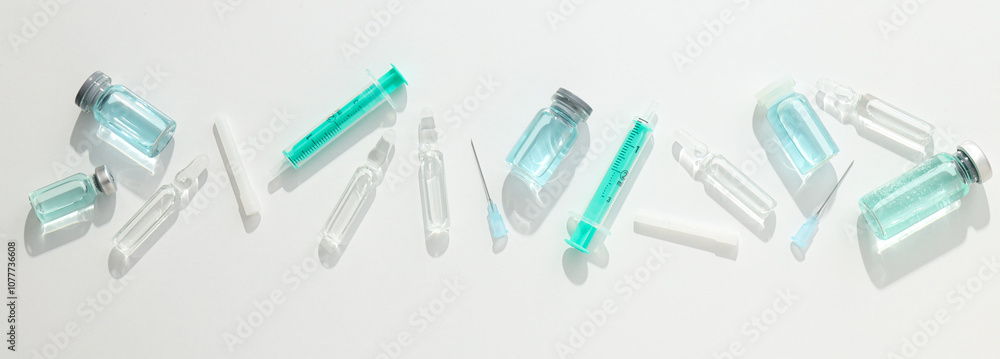 Glass medical bottles and ampoules with vaccine and syringes on white background, top view Glass medical bottles and ampoules with vaccine and syringes on white background, top view