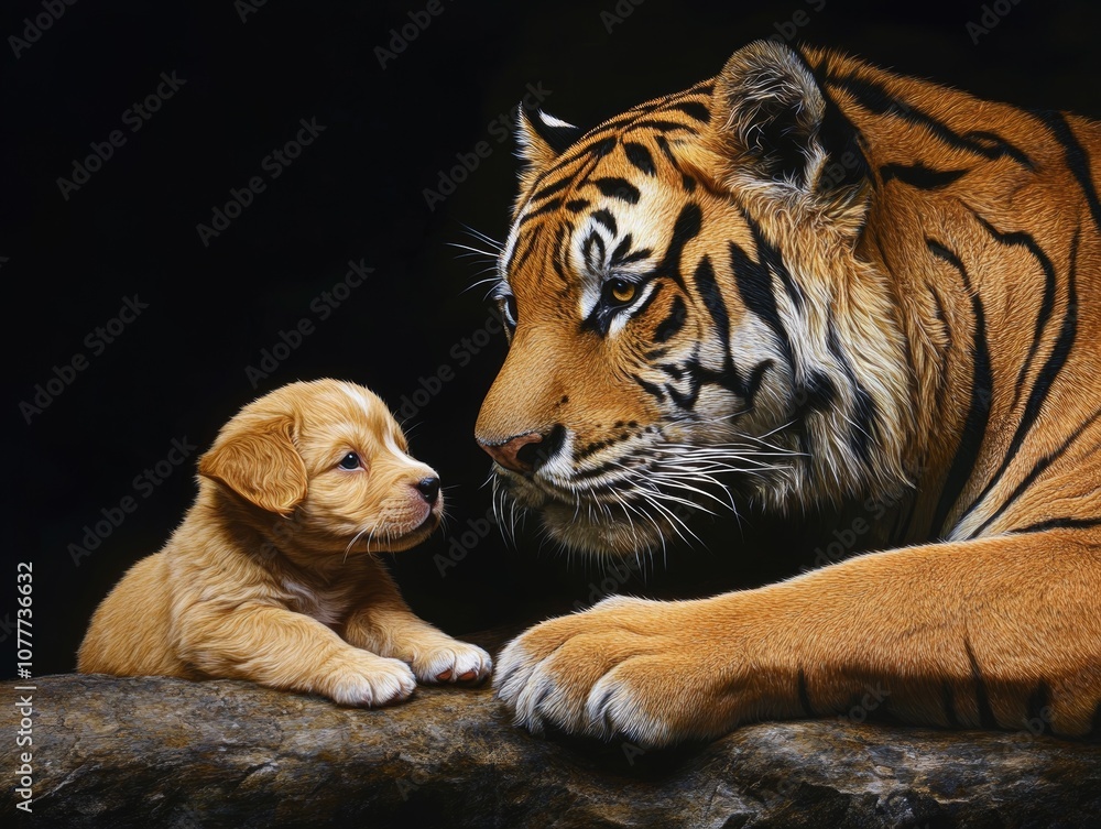 Fototapeta premium A tiger and a puppy share a tender moment, showcasing a bond between different species.