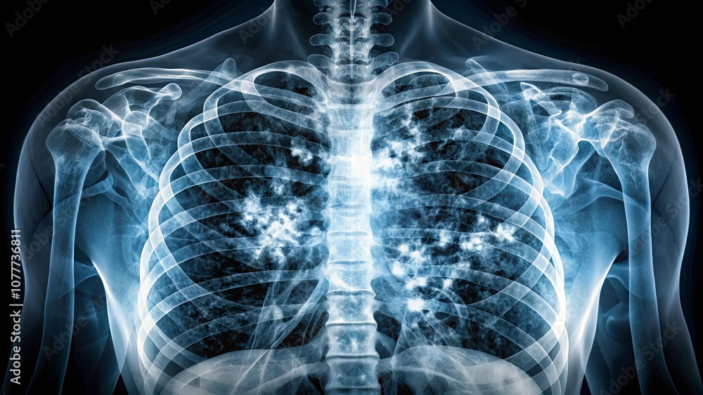 A shadowy skeletal impression of the upper torso, revealing intricate bone structure and delicate lung tissue in a blue and black tone. A shadowy skeletal impression of the upper torso, revealing intricate bone structure and delicate lung tissue in a blue and black tone.