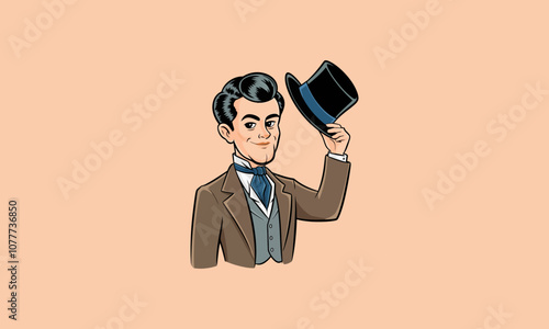 Polite gentleman tipping his top hat with a smile.