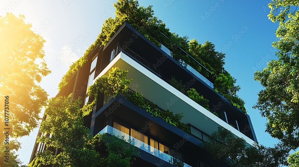 Modern Sustainable Eco-Friendly Building with Lush Green Vertical Garden Under Sunny Blue Sky : Generative AI Modern Sustainable Eco-Friendly Building with Lush Green Vertical Garden Under Sunny Blue Sky : Generative AI