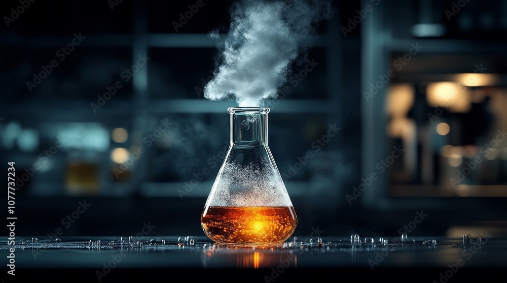 Close-up of Chemistry Flask with Bubbling Liquid and Smoke, Set in a Laboratory with Dramatic Lighting and Dark Background, Scientific Experiment Concept Close-up of Chemistry Flask with Bubbling Liquid and Smoke, Set in a Laboratory with Dramatic Lighting and Dark Background, Scientific Experiment Concept