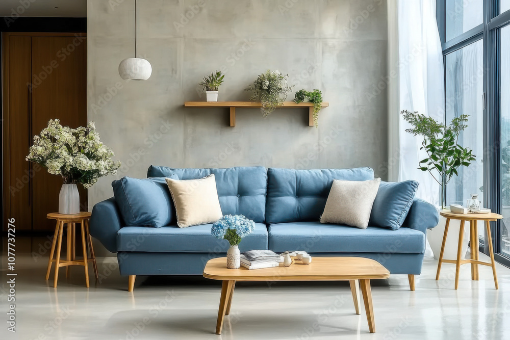 Fototapeta premium sofa against concrete wall. Scandinavian loft home interior design living room