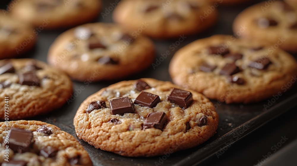 Freshly Baked Chocolate Chip Cookies On Baking Sheet Freshly Baked Chocolate Chip Cookies On Baking Sheet