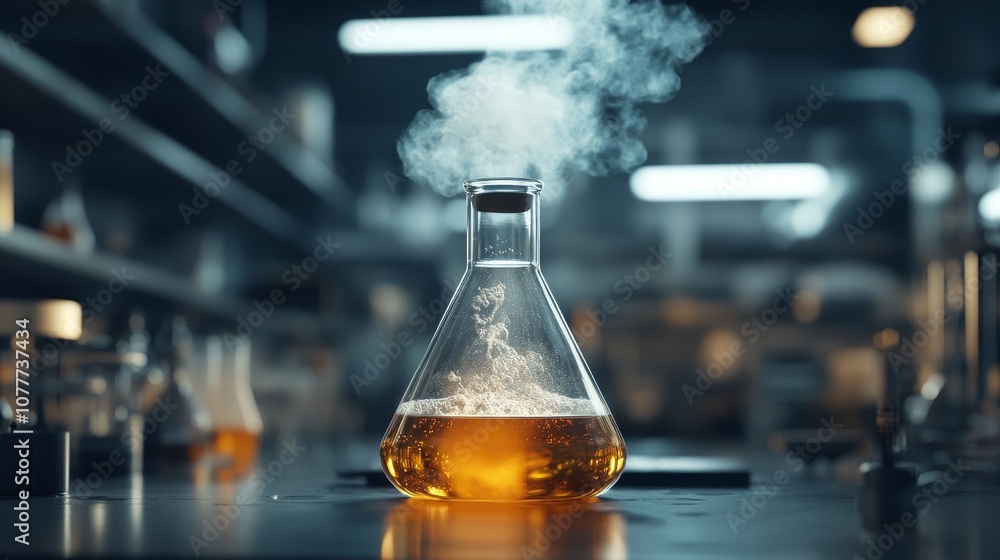 Close-up of Chemistry Flask with Bubbling Liquid and Smoke, Set in a Laboratory with Dramatic Lighting and Dark Background, Scientific Experiment Concept Close-up of Chemistry Flask with Bubbling Liquid and Smoke, Set in a Laboratory with Dramatic Lighting and Dark Background, Scientific Experiment Concept
