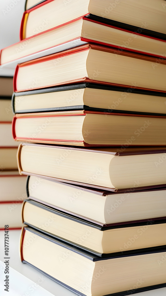 Stack of hardcover books on a white shelf. Stack of hardcover books on a white shelf.
