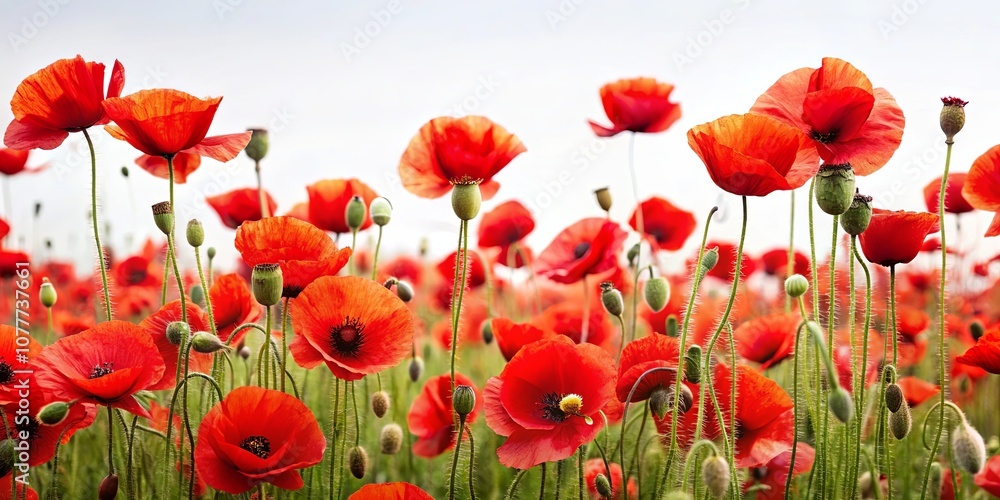 Obraz premium A vibrant field of red poppies swaying in the gentle breeze, their delicate petals unfurling against a soft, hazy sky.