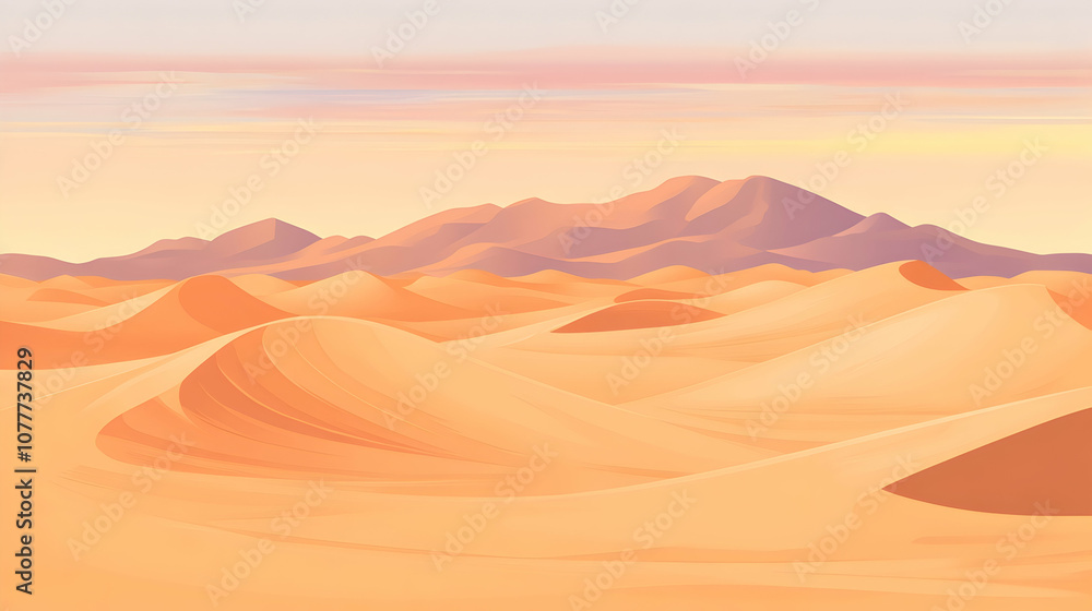 Fototapeta premium Vast desert landscape with rolling sand dunes under a colorful sky.