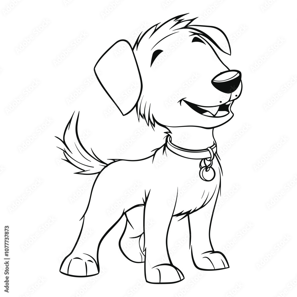 Fototapeta premium Playful Dog with Collar Looking Up - Cute Pet Outline Art