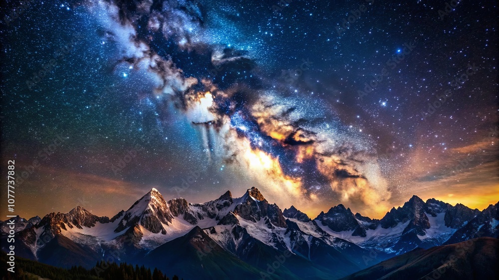 A celestial tapestry of stars and clouds adorns the night sky above a majestic mountain range, painted with the hues of twilight and the luminescence of celestial bodies. A celestial tapestry of stars and clouds adorns the night sky above a majestic mountain range, painted with the hues of twilight and the luminescence of celestial bodies.