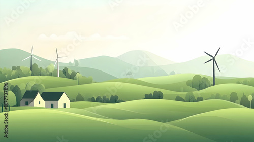 A beautiful countryside landscape with rolling hills, green meadows, and wind turbines in the background.