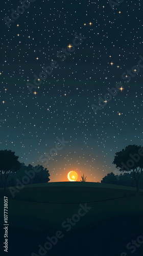 A crescent moon rises over a grassy hill, silhouetted by trees against a star-filled night sky.