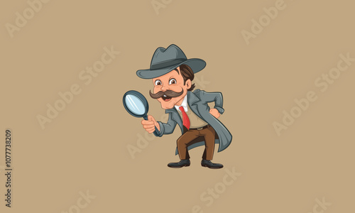 Detective with mustache examining through a magnifying glass.