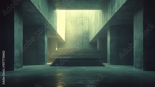 Concrete staircase leading up to a bright light in a minimalist, modern, and abstract architectural space.