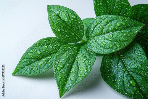 Fresh green leaves with dew drops on a white background.