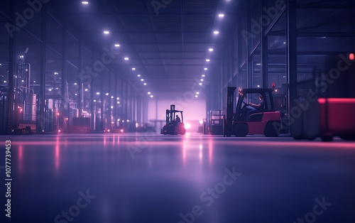 A dimly lit warehouse scene with machinery and forklifts, illuminated by soft purple and pink lights, creating a futuristic atmosphere. photo