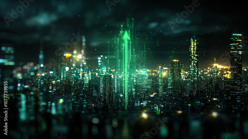 glowing green arrow ascends into futuristic city skyline, symbolizing growth and progress amidst vibrant urban landscape