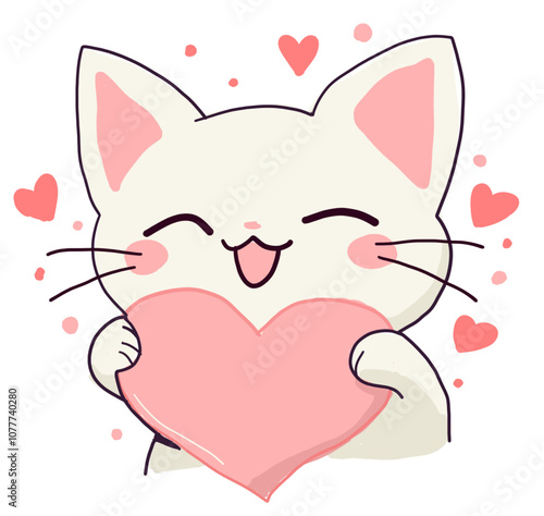 Abstract Cat kitten kitty head face holding big pink heart. Happy Valentines Day