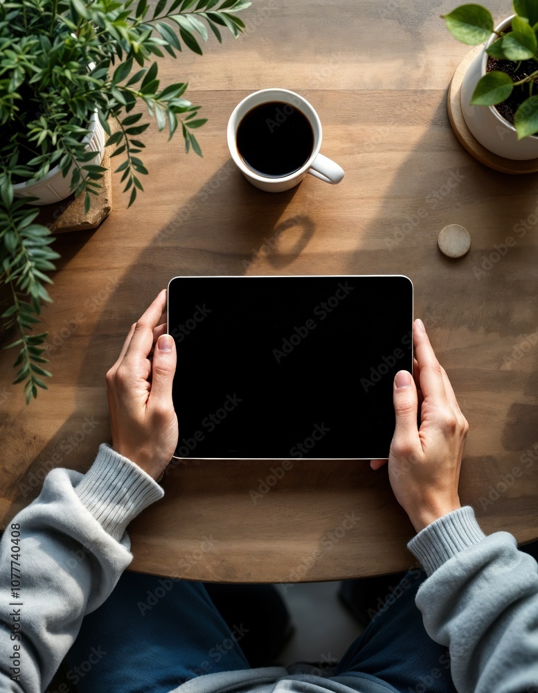 Cozy Productivity: Hands-Holding Tablet in a Minimalist Workspace Cozy Productivity: Hands-Holding Tablet in a Minimalist Workspace