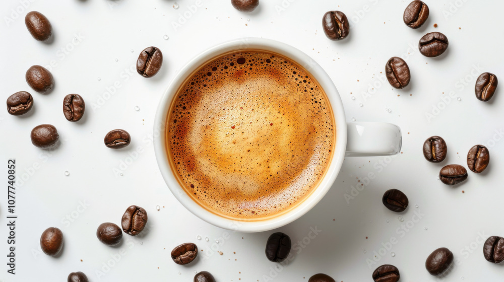Fototapeta premium Small espresso cup with coffee beans isolated on white background