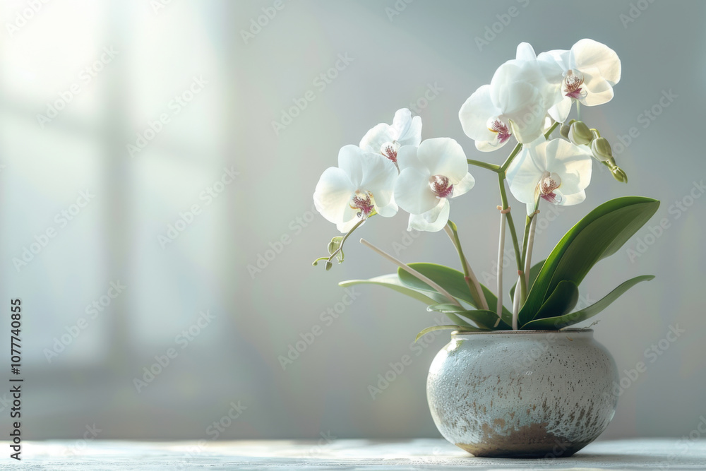 Artificial orchid plant in flower pot on white marble table. Space for text Artificial orchid plant in flower pot on white marble table. Space for text