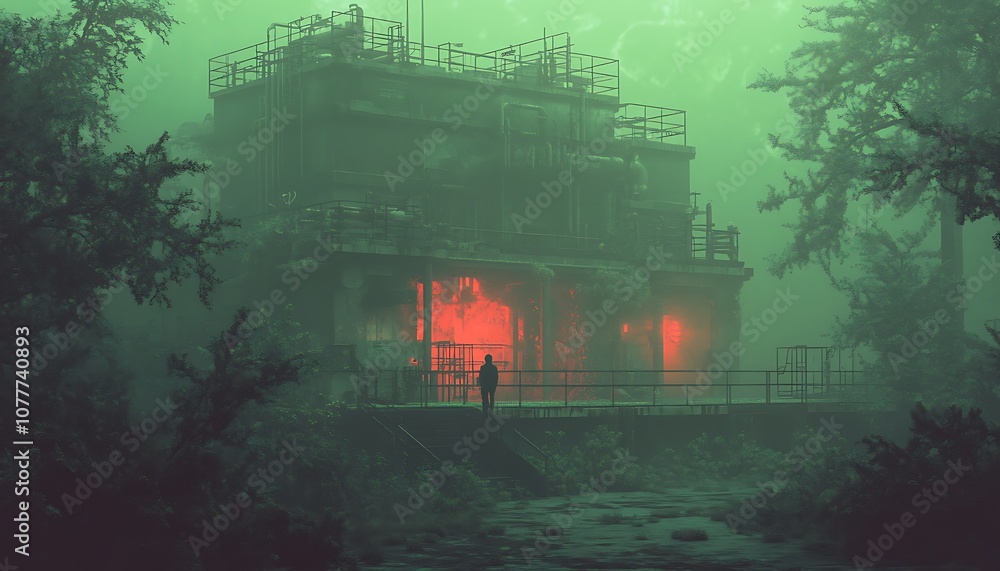 A mysterious, eerie house glows ominously in a foggy forest, shrouded in green mist, creating a haunting atmosphere. A mysterious, eerie house glows ominously in a foggy forest, shrouded in green mist, creating a haunting atmosphere.
