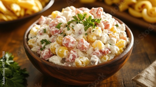 Creamy pasta salad with tomatoes and parsley in a wooden bowl.