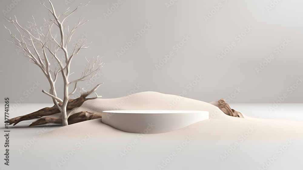 A simple mockup backdrop designed for showcasing products. It features a podium alongside dry tree twigs and a white sand beach set against a white background. This is a 3D rendered illustration, with A simple mockup backdrop designed for showcasing products. It features a podium alongside dry tree twigs and a white sand beach set against a white background. This is a 3D rendered illustration, with