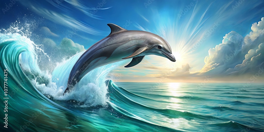 Obraz premium A Dolphin Leaps Through a Breaking Wave, Illuminating the Horizon with a Burst of Sunlight
