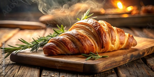 A freshly baked croissant with a warm, golden hue, resting on a rustic wooden board, adorned with sprigs of rosemary, emitting a tantalizing aroma of buttery delight.