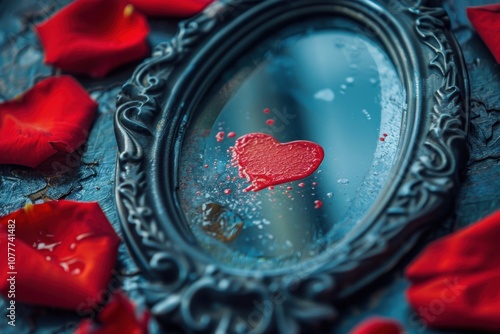 Mirror with a heart in it surrounded by red roses, love background photo