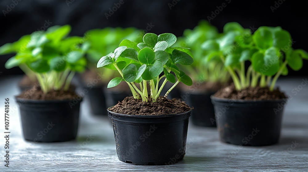 Young green plants in black pots arranged neatly in a modern nursery for growth : Generative AI Young green plants in black pots arranged neatly in a modern nursery for growth : Generative AI