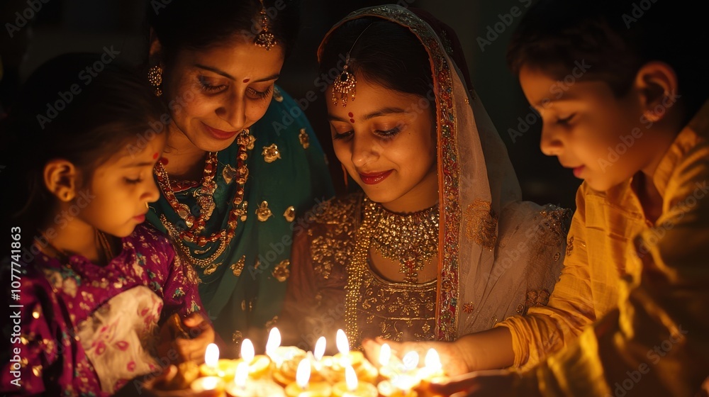 Fototapeta premium Celebration of Joy: Elders and Children Gather Together in a Festive Atmosphere to Share Traditions and Lights During a Special Cultural Event
