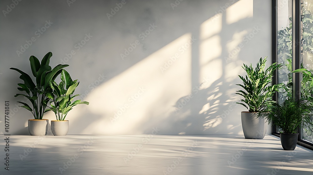 Contemporary Sunlit Room with Potted Plants and Abundant Natural Light Through Large Windows : Generative AI Contemporary Sunlit Room with Potted Plants and Abundant Natural Light Through Large Windows : Generative AI