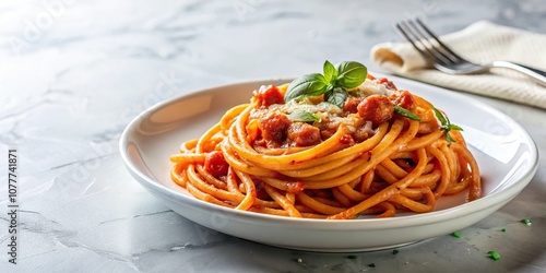 Close-up of delicious bucatini all'amatriciana on a white marble countertop photo