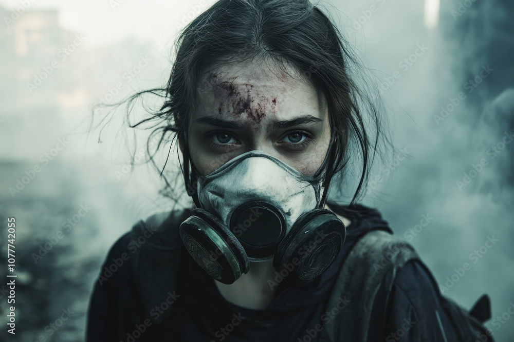 Young woman with a gas mask stands amidst a smoky, post-apocalyptic setting, displaying resilience and determination. Young woman with a gas mask stands amidst a smoky, post-apocalyptic setting, displaying resilience and determination.