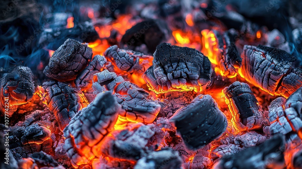 Close-Up of Glowing Embers from a Fire, Highlighting the Textured Charcoal and Radiant Orange Heat, Perfect for Capturing the Intensity and Beauty of Fire's Remnants Close-Up of Glowing Embers from a Fire, Highlighting the Textured Charcoal and Radiant Orange Heat, Perfect for Capturing the Intensity and Beauty of Fire's Remnants