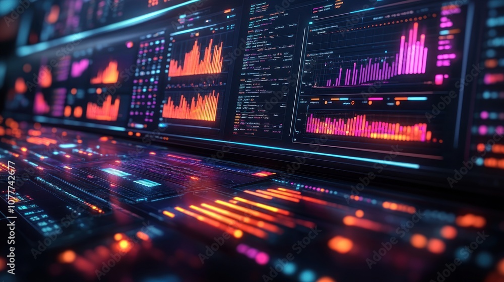 Obraz premium Futuristic data visualization interface with vibrant graphs and metrics.