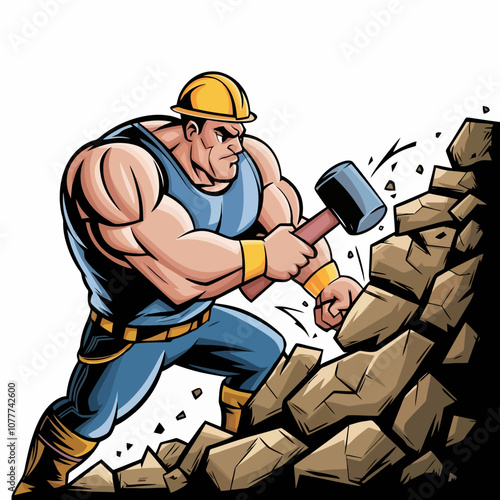 Muscular worker breaking rocks with a sledgehammer.