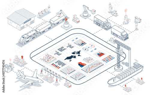 Global logistics network coordinates transportation, supply chain management (SCM), and operations across companies worldwide to deliver efficient logistics services. Vector illustration EPS 10