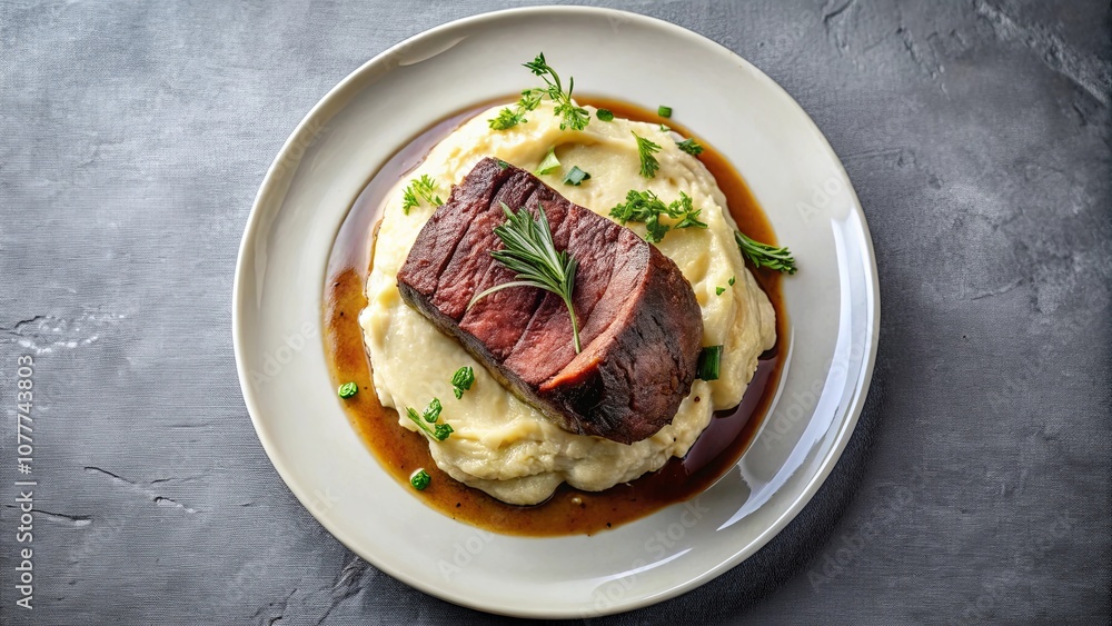 Aromatic Rosemary-Garnished Beef Steak Resting on a Bed of Creamy Mashed Potatoes, Drizzled with Rich Gravy Aromatic Rosemary-Garnished Beef Steak Resting on a Bed of Creamy Mashed Potatoes, Drizzled with Rich Gravy